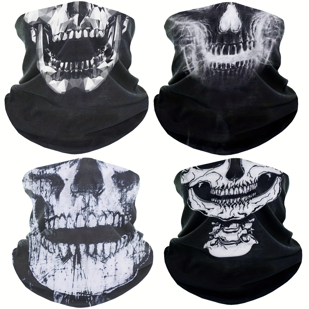 4pcs Black Skull Pattern Neck Warmer, Windproof Face Mask, Neck Tube, Headband,…