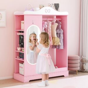 Kids Armoire with Jewelry Cabinet, Kids Dress Up Storage wth Shelves, Girls Wardrode Costume Organizer with Mirror, Children Closet with Armoire for Bedroom, Kids Room, Girls, Kids Room Furniture, Bedroom Storage, Stylish Kids Wardrobe, Playful Design, Hardwood Construction, Quality Wood Finish, Shelved Wardrobe, Parents Organizing, Childrens Clothing