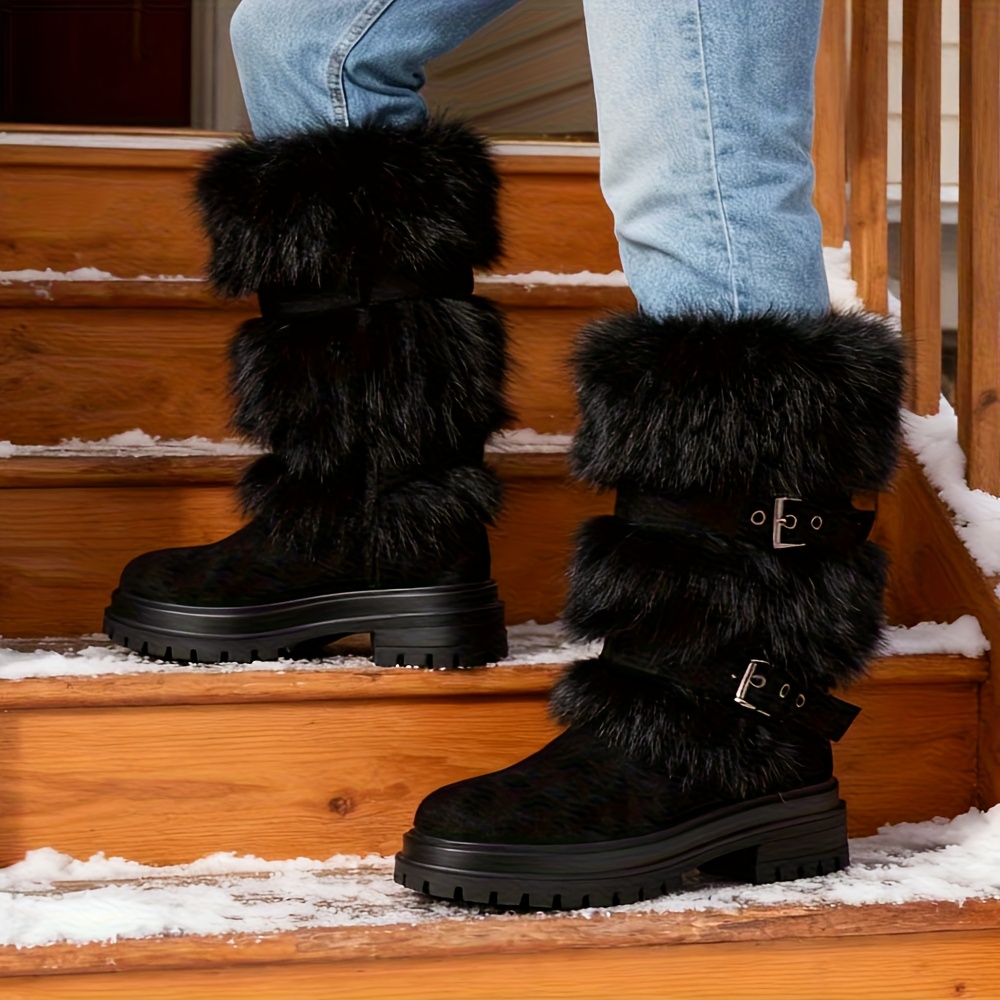 faux fur Mid-Calf Snow Boots for Women | Round Toe Platform Heel, Non-slip Pull On, Warm Shoes with Buckle Decor, Fluffy Furry, Comfortable Fashion Luxury Outfit, Outdoor Winter Booties Woman - Image 2