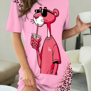 Women's Nightdress with Cute & Bunny Print - Soft Round Neck Sleep Dress, Machine Washable All-Season Pajama for s, Cozy Bedwear for Pregnancy & Menopause (if comfortable, conditions should be considered)