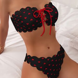 Women's Bestselling Sexy Bikini Swimwear Set Red Heart Print Scalloped Edge Bandeau Tie Design Separate Style Romantic Bold Style Suitable for Beach Vacation And Date Wear Fully Showcases Feminine Curve Charm