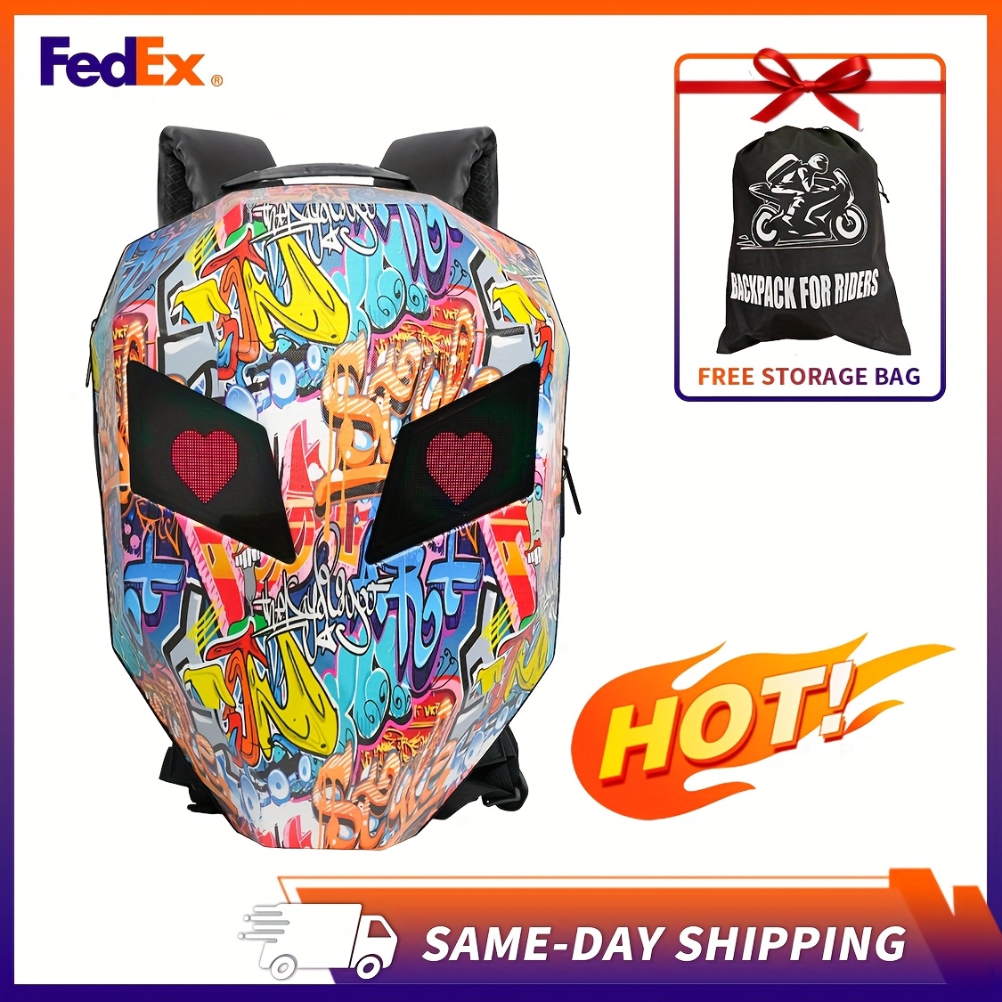 Knight Motorcycle Helmet Bag with 2pcs 48×48 LED Screens, DIY Display Carbon Fiber Hard Shell LED Backpack, Vibrant Graffiti Print Motorcycle Backpack, Glowing Eyes Bike Backpack for Men, 19-Inch Scratch-Resistant Riding Backpack - Image 10
