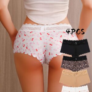 Set of 4 Women's Seamless Leopard Print Boyshorts - Lace Wave-Edge, Skin-Friendly Safety Underwear