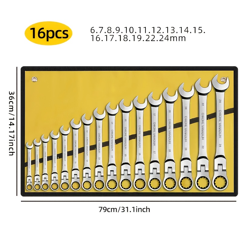 16pcs Adjustable Head Wrench Set: Combo Ends, Cr-V Steel Sockets, Flexible-head 72-tooth Double-ended Ratchets (6-26mm). with Rolling Bag, Ideal for Home/auto/mechanical Use, Daily Use & Gifting-Easy to Store/carry. - Image 6