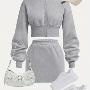 2pcs 's Matching Casual College Graphic Sweatshirt and Skirt Set with Warm Lining, for Autumn and Winter