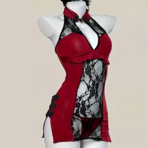 Elegant Deep V-Neck Hollow-Out Sexy Lingerie Nightgown | Jacquard Pattern with Contrast Lace Details, Suitable for Adults