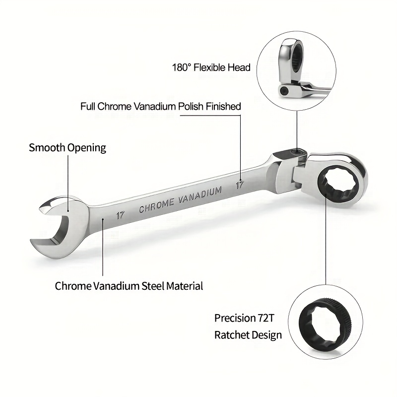 16pcs Adjustable Head Wrench Set: Combo Ends, Cr-V Steel Sockets, Flexible-head 72-tooth Double-ended Ratchets (6-26mm). with Rolling Bag, Ideal for Home/auto/mechanical Use, Daily Use & Gifting-Easy to Store/carry. - Image 8