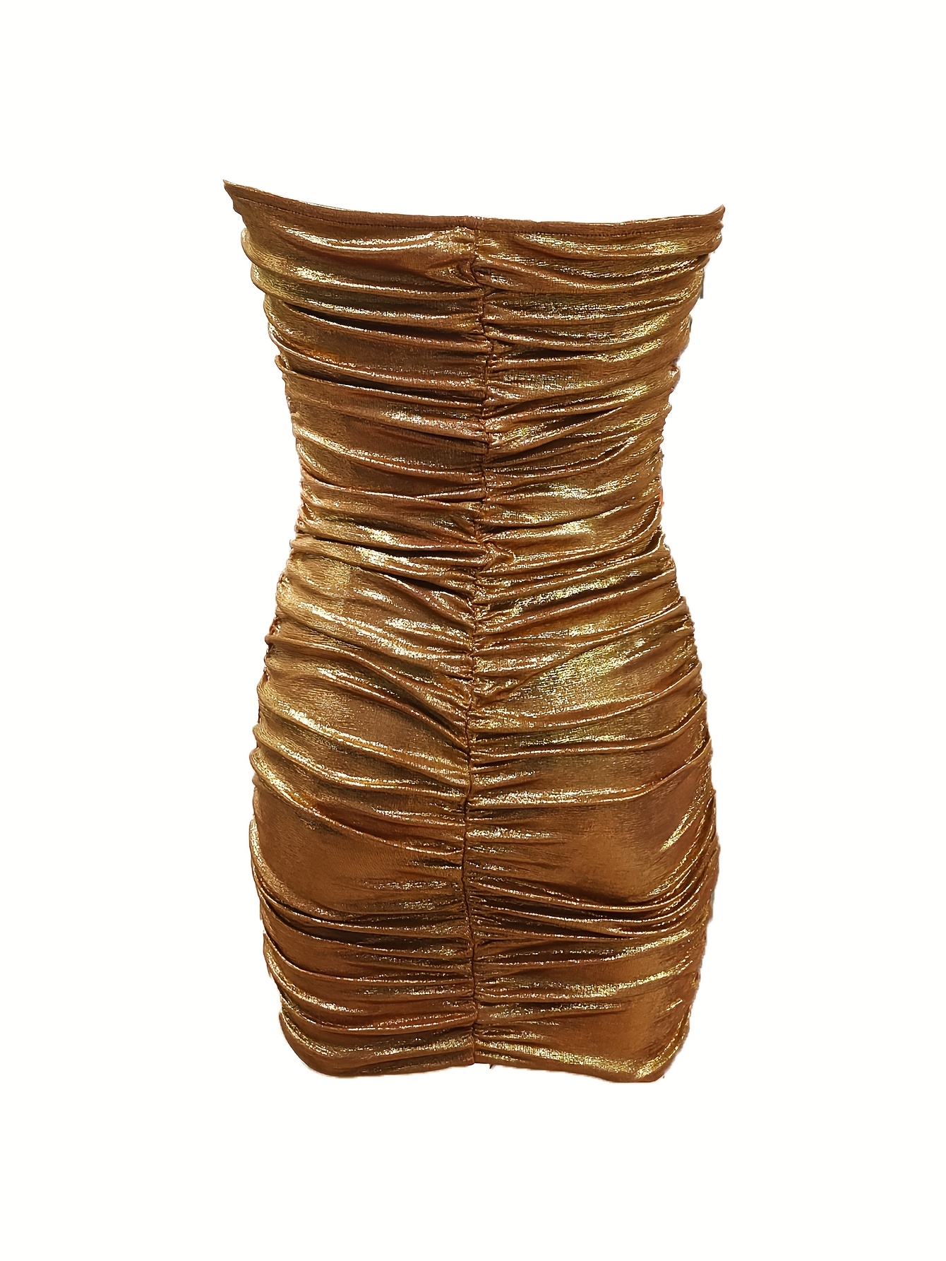 Elegant Golden Metallic Bodycon Midi Dress for Women - Sleeveless, Ruched Design, Summer Fashion, Strapless Detail, Perfect for Adult, Midi Dresses - Image 4