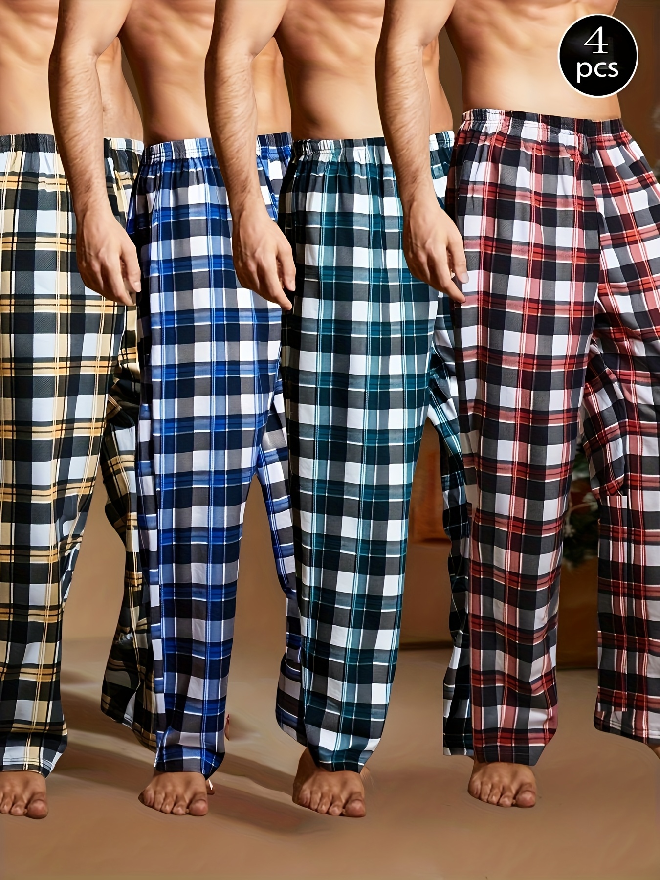 4pcs Set of Spring and Summer Four Plaid Long Sleeping Pants for Men, Comfortable and Lightweight, Loose Fit Can Be Worn Outdoors, Four Combination Packs of Elastic Waist Home Pants, Soft Pants
