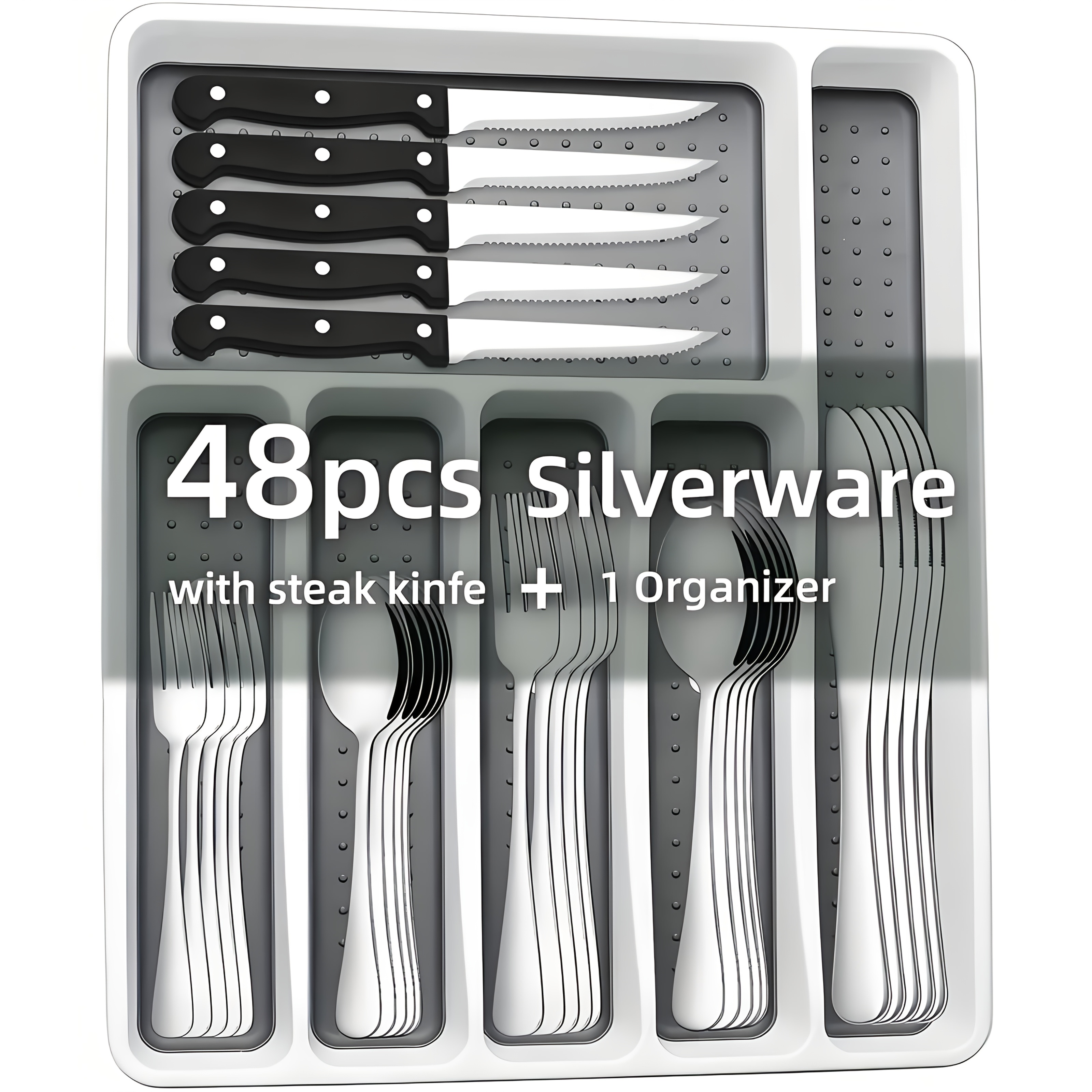 49pcs Silverware Sets with Steak Knives And Organizer, Includes Stainless Steel Knife Spoon And Fork, Dishwasher Safe Flatware Sets Service for 8, Cutery Sets with Tray for Kitchen