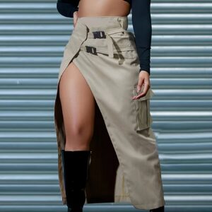 Women'S Casual High-Waisted, Asymmetrical Long Skirt with Belt - Beige, Casual Style, Solid Color, Spring/Summer/Fall, Casual Attire|Asymmetrical Hemline|Belted Waistline