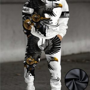 Autumn Casual 3D Print Animal Eagle, Cool Style Long Sleeved Hooded Sweatshirt, Casual Sports Pants, Men's Sports Pants, Hooded Sports Pants Twoiece Set