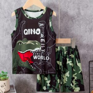 2pcs Boys' Summer Vest Set, Dinosaur T-Rex Letter Print Short Sleeve T-Shirt + Shorts Outfit, Casual Sportswear for Kids, Perfect for Outdoor