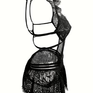Women's Sexy Lace Skeleton Bodysuit - Open-Deep V Backless Lingerie with Cut-Out Details, Adjustable Straps & Ruffled Lace Skirt, Semi-Sheer One-Piece Underwear for Boudoir, Nightclub & Intimate Moments (No Padding/Mid-Rise Fit)