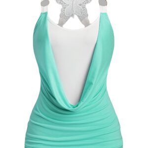 Women's Elegant Contrast Color O-Neck Halter Neck Sleeveless Top with Butterfly Back Detail - Lightweight 180gsm Polyester, Semi-Sheer Summer Blouse, Machine Washable