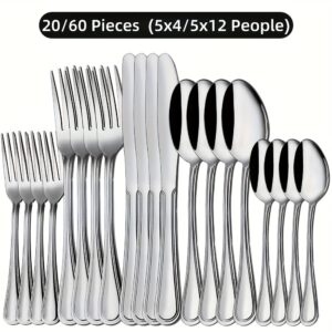 20/60pcs Stainless Steel Flatware Cutlery | Silverware For 4/12, Silvery, Mirror Polished, Dishwasher Safe | For Home Kitchen Restaurant Hotel, Perfect For Gifts And Weddings, The Best Gifts For Thanksgiving And Christmas