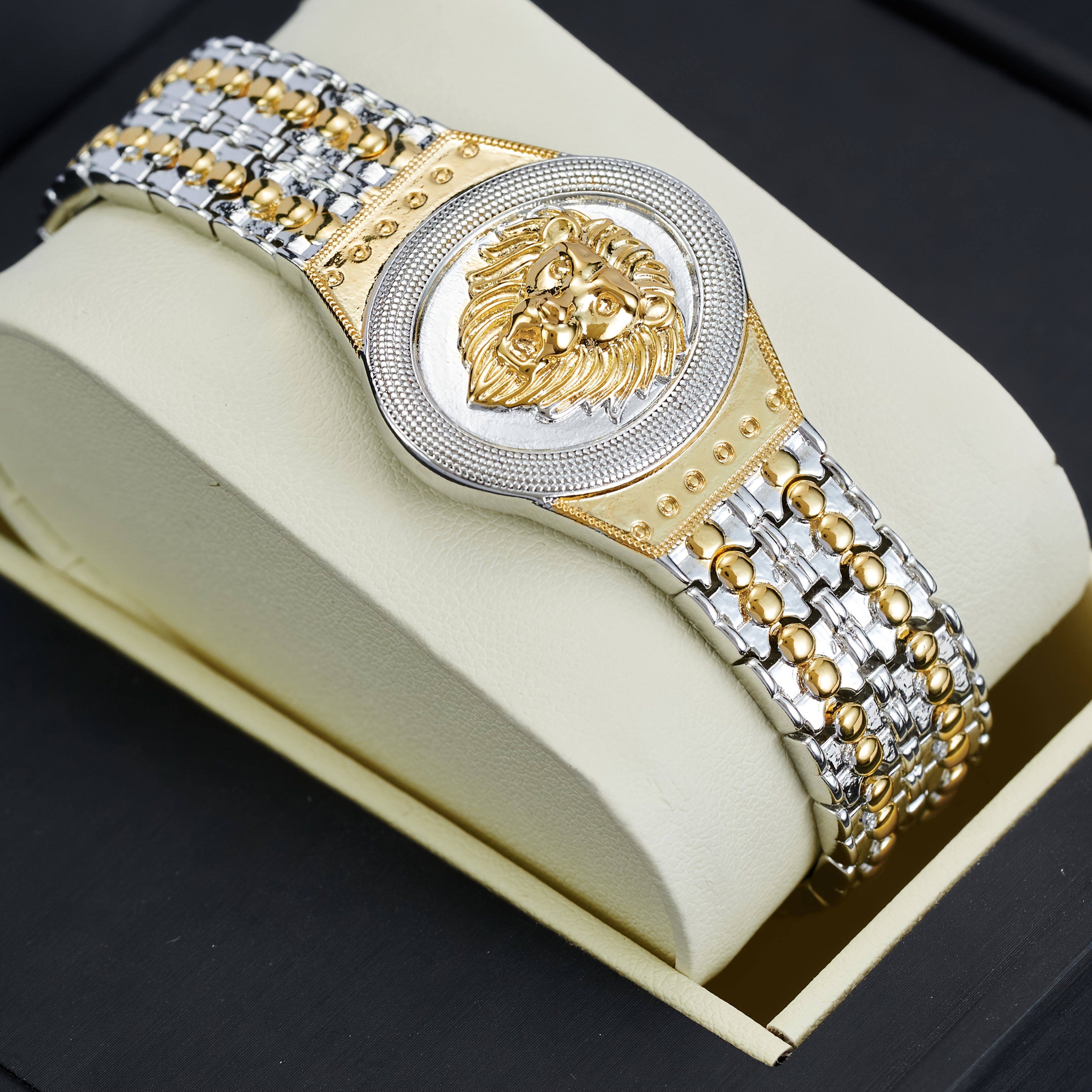 1pc Men's Lion Head Bezel Bracelet - Synthetic Lion Head, Lion-Themed Jewelry Gift for Parties, Music Festivals & Mardi Gras - Year-Round Wearable for Events/Casual Outfits (Lion's Head) - Bezel) - Image 2