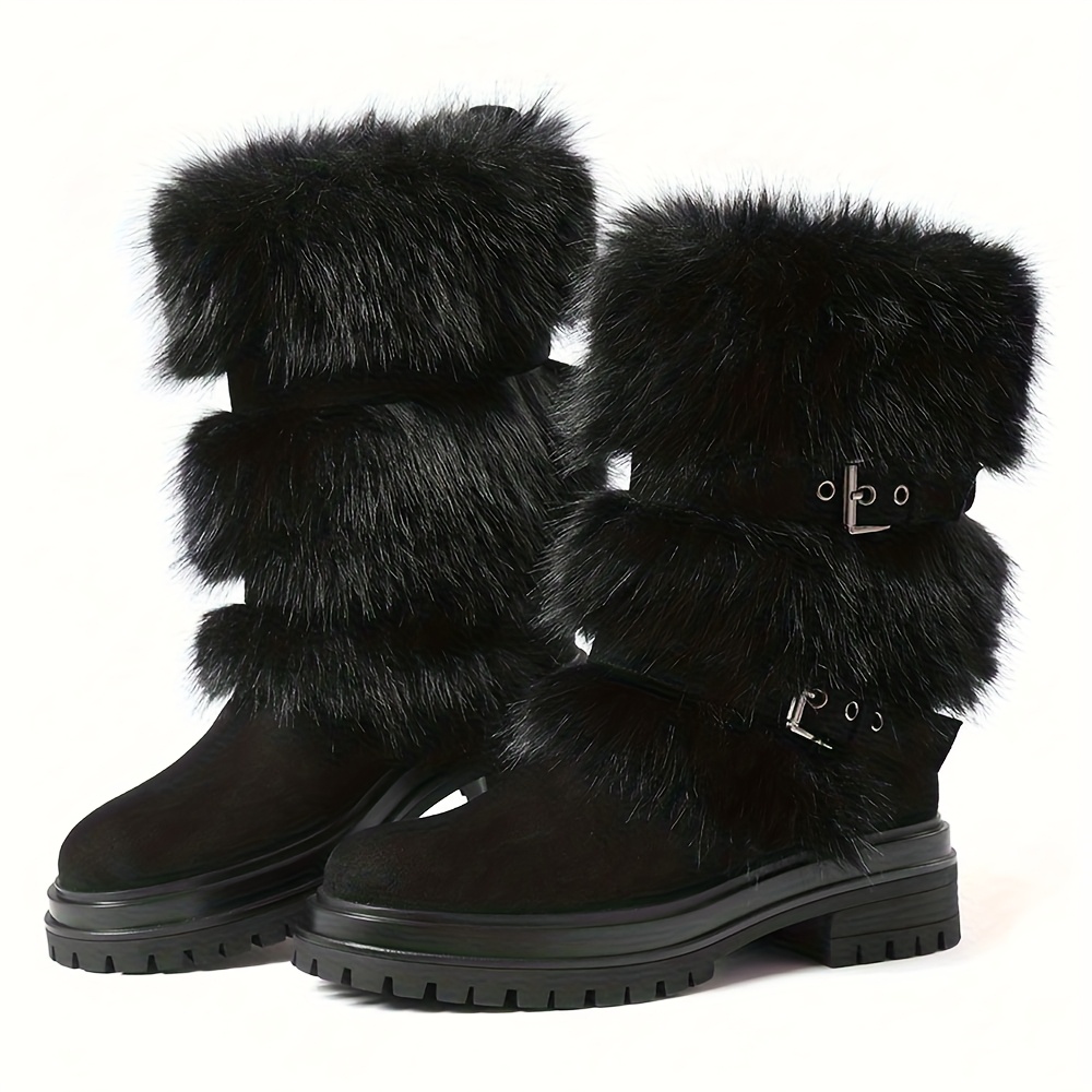 faux fur Mid-Calf Snow Boots for Women | Round Toe Platform Heel, Non-slip Pull On, Warm Shoes with Buckle Decor, Fluffy Furry, Comfortable Fashion Luxury Outfit, Outdoor Winter Booties Woman - Image 6