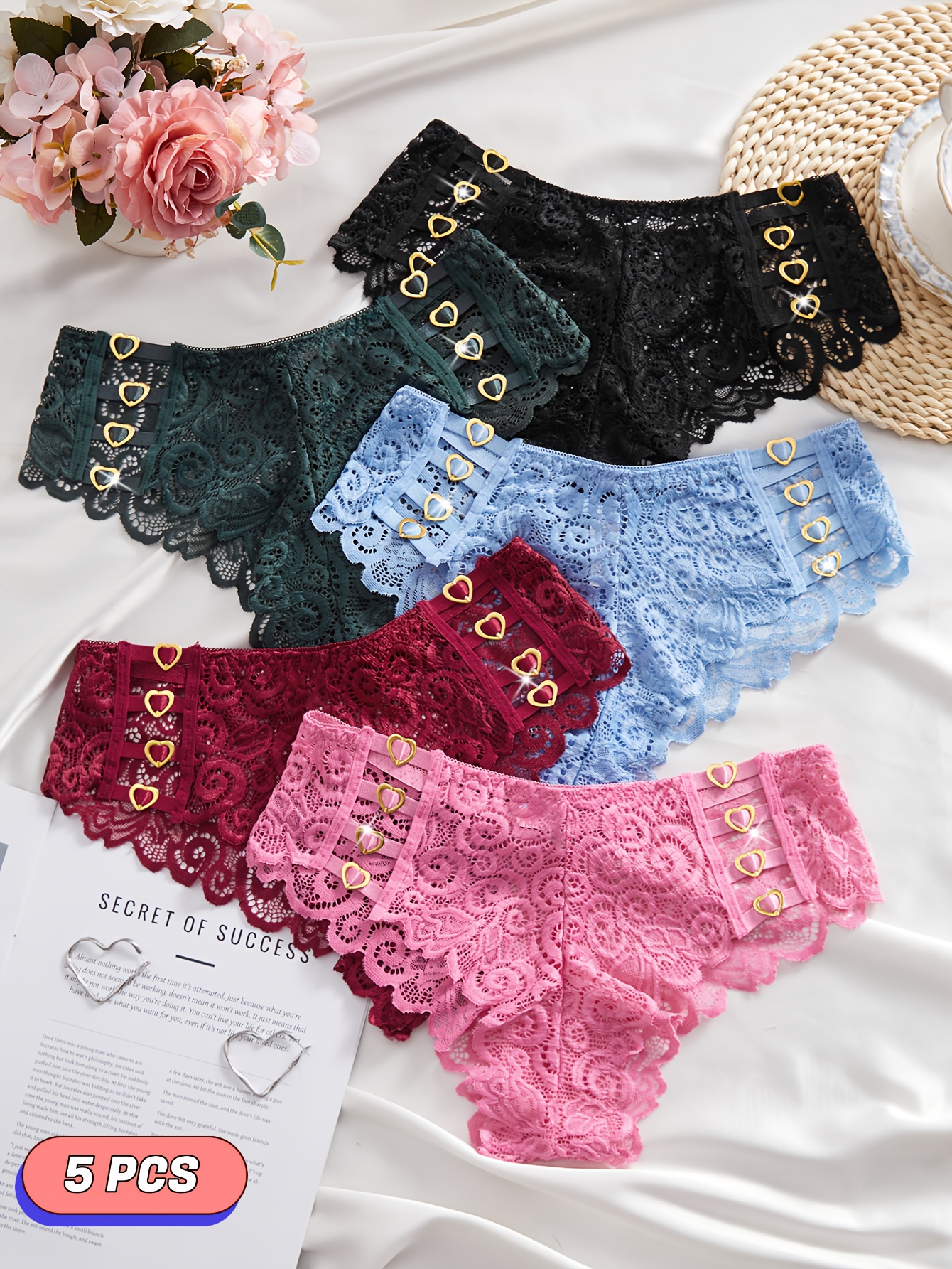 Set of 5 Women'S Panties Featuring Valentine'S Heart Designs, Made from Stretch…