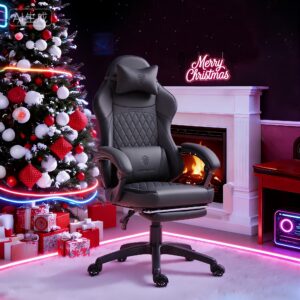 Gaming Chair, Ergonomic High-Back Office Chair with Adjustable Footrest & Massage Lumbar Support, 300LBS Capacity, Faux Leather, Pocketed Spring Cushion, 360° Swivel, Manual Recline, Premium Black, for Home Office & Gaming, Sophisticated Workspace Furniture