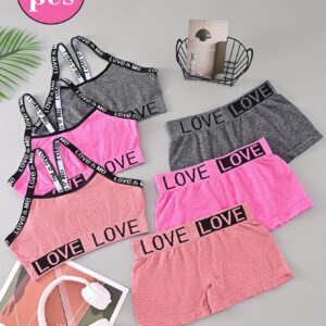 6pcs Set: 3 Tops + 3 Panties - Women's Low-Rise Seamless Love Print Briefs & Bras, Tummy Control, Breathable, Soft, Comfortable, Lifting, Anti-Slip, Solid Color, Sexy, Lightweight, Stretchy Fabric - Ideal for Yoga, Running, and Gym