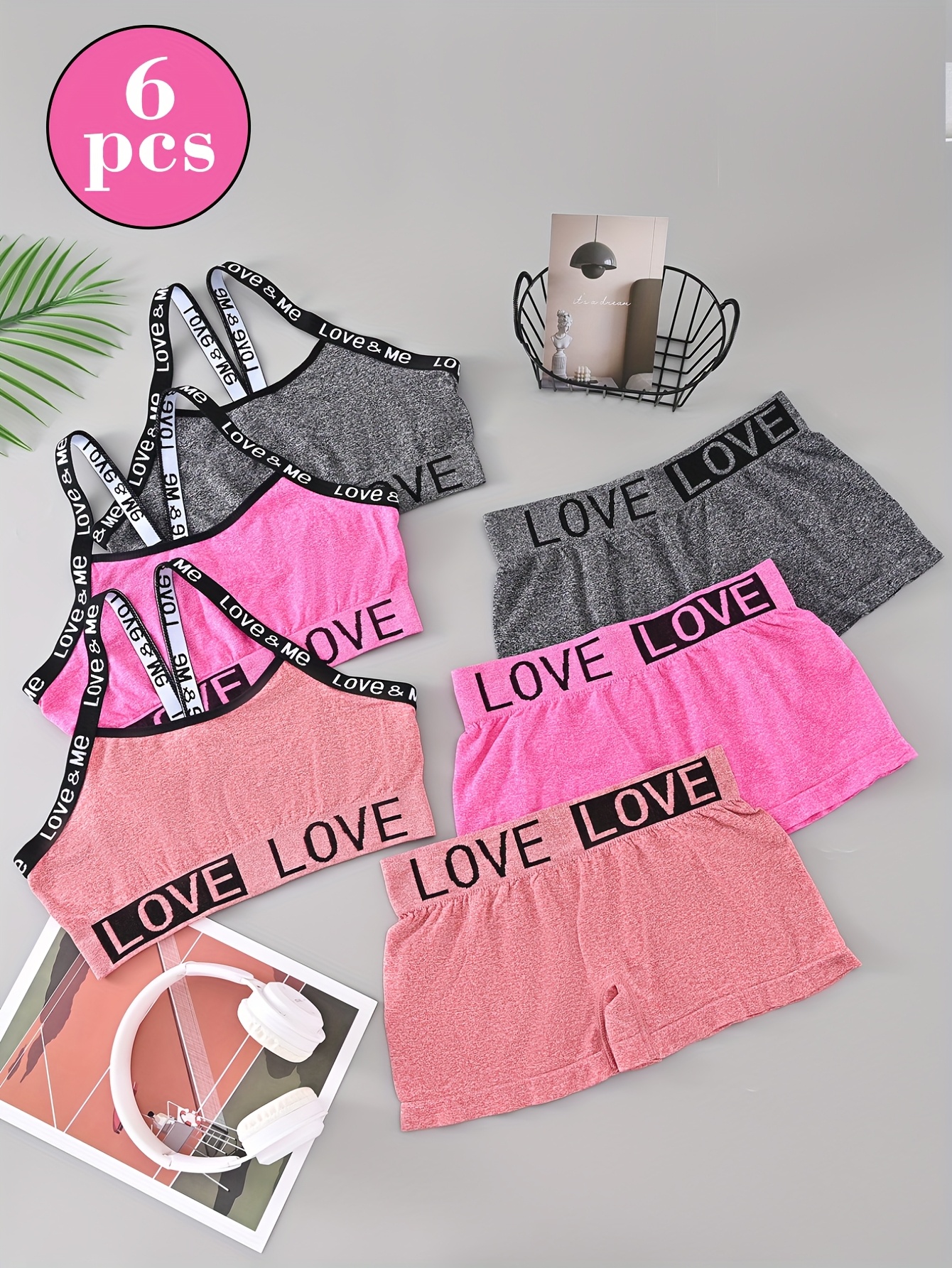 6pcs Set: 3 Tops + 3 Panties - Women's Low-Rise Seamless Love Print Briefs & Bras, Tummy Control, Breathable, Soft, Comfortable, Lifting, Anti-Slip, Solid Color, Sexy, Lightweight, Stretchy Fabric - Ideal for Yoga, Running, and Gym