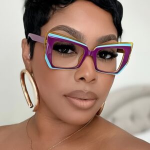 Women's Oversized Retro Cat-Eye Polygonal Glasses - Bold Multicolor French Oil Painting Art Style Non-Prescription Eyewear with Cleaning Cloth, Large Statement Glasses for Casual & Formal Outfits (Purple/Blue/Pink/Orange) - Fashionable Everyday Accessories