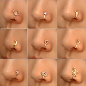 Nose Clip and Stud Set, 10pcs with Copper Synthetic Zirconia, U-Shaped Heart Crown Butterfly Five-Pointed Star Nose Rings