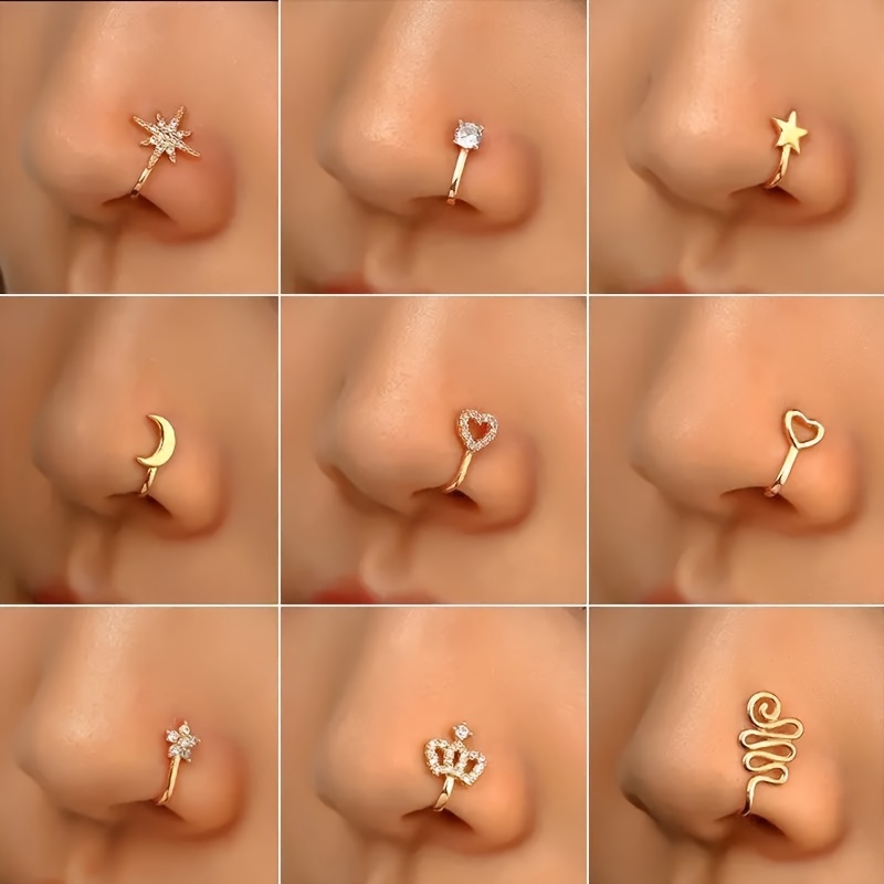 Nose Clip and Stud Set, 10pcs with Copper Synthetic Zirconia, U-Shaped Heart Crown Butterfly Five-Pointed Star Nose Rings