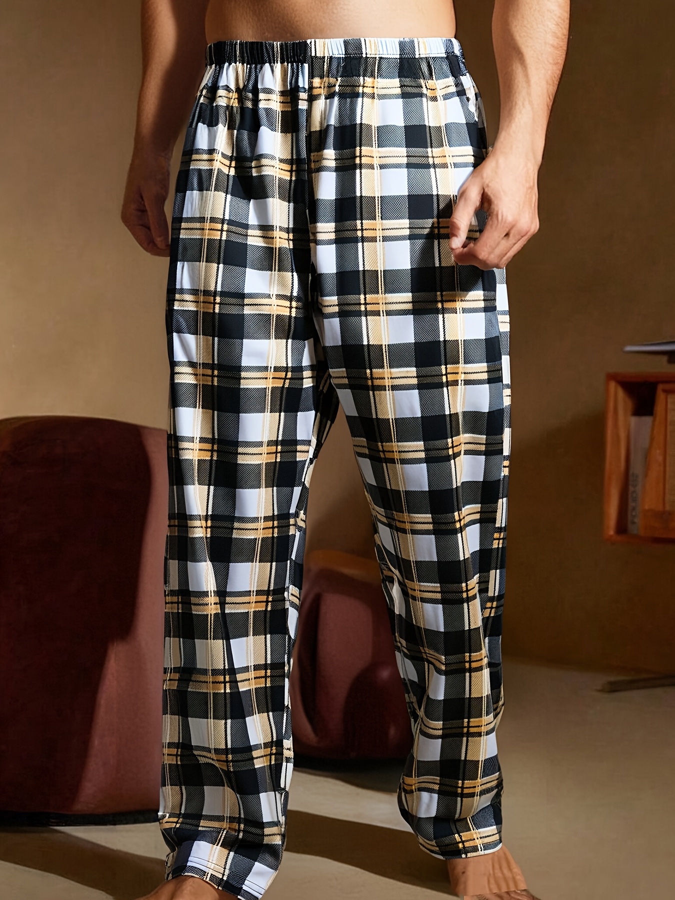 4pcs Set of Spring and Summer Four Plaid Long Sleeping Pants for Men, Comfortable and Lightweight, Loose Fit Can Be Worn Outdoors, Four Combination Packs of Elastic Waist Home Pants, Soft Pants - Image 3