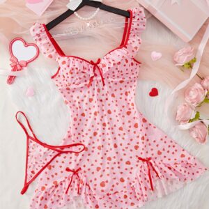 Heart-Patterned Lingerie Dress with Ruffled Hem And Bow, Paired with a Thong.