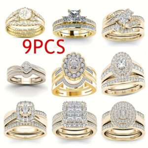 9pcs Classic Women's Multi Style Wedding Ring Set, Set with Synthetic Zirconia Rings, Perfect Daily Women's Wear Jewelry Accessories
