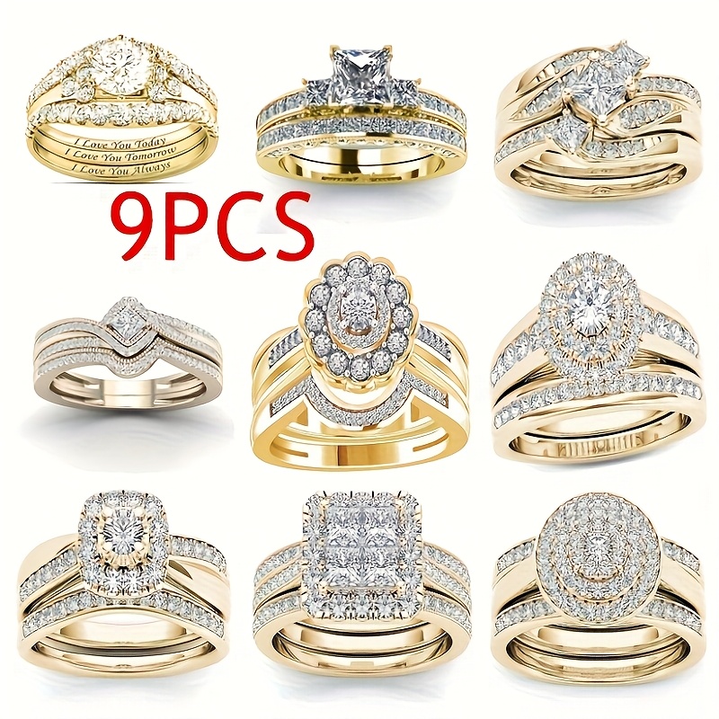 9pcs Classic Women's Multi Style Wedding Ring Set, Set with Synthetic Zirconia Rings, Perfect Daily Women's Wear Jewelry Accessories