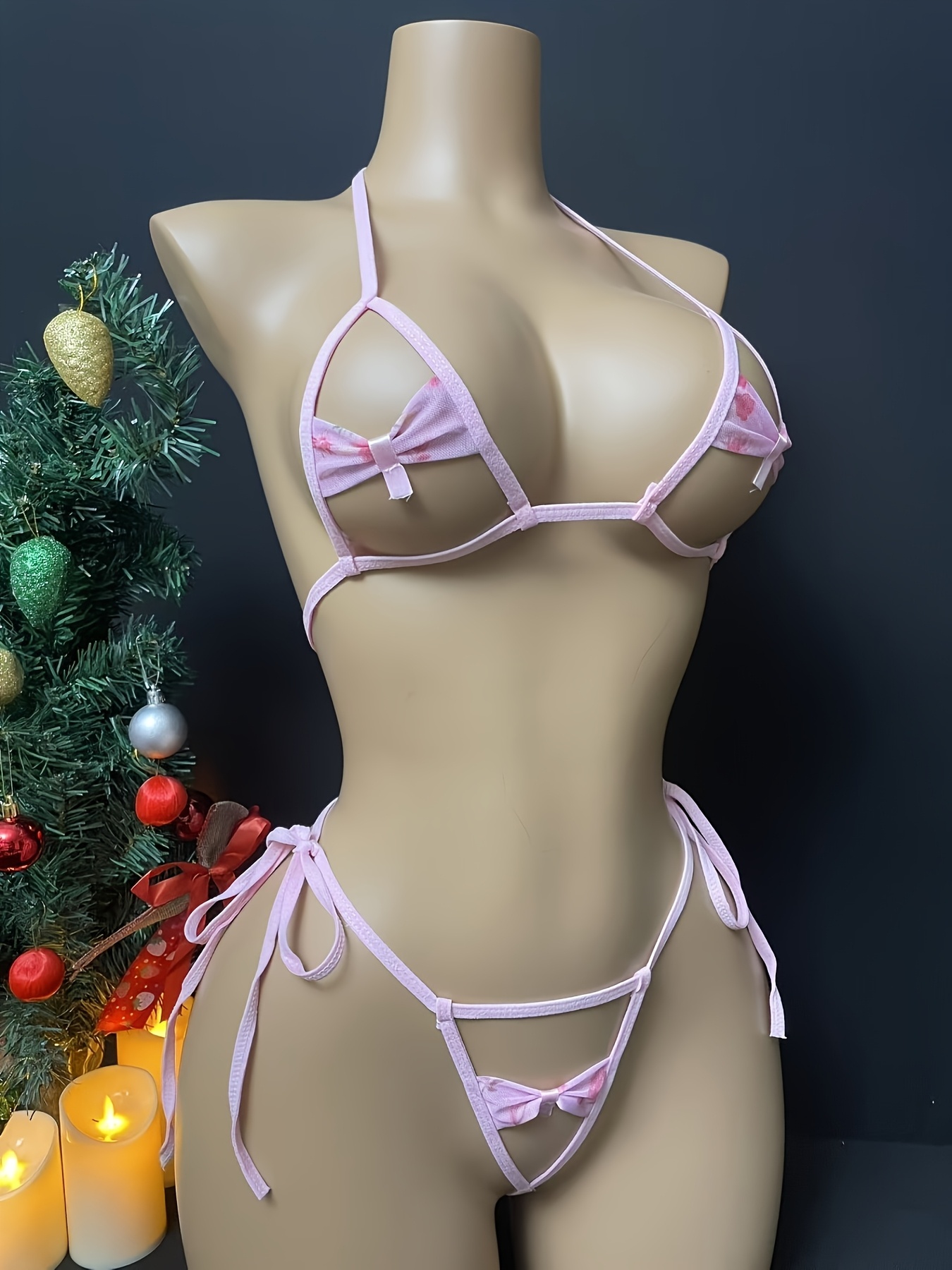 Sexy Lace-Up Bikini with Bow Tie, Adjustable Pink Set for Christmas New Year Valentine's Day in Random Print - Image 4