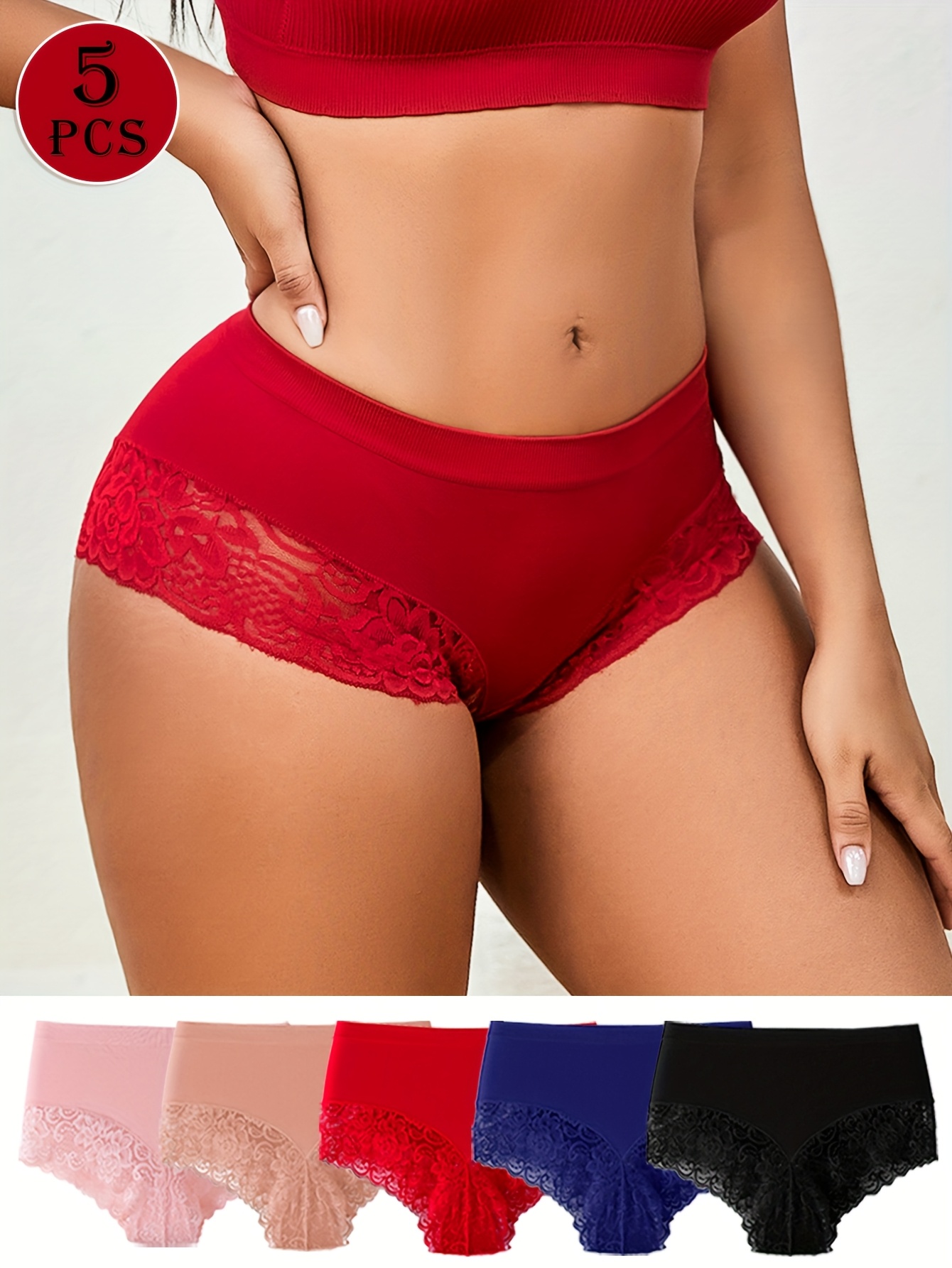 5pcs Women'S Sexy Seamless Breathable Red Lace Trim Panties - Mid-Rise Briefs with Contrast Lace Trim, Solid Color, Comfortable & Stylish Underwear for Women, Lace Trim Panties, Comfortable Underwear, Elegant Underwear, Soft Fabric - Image 3