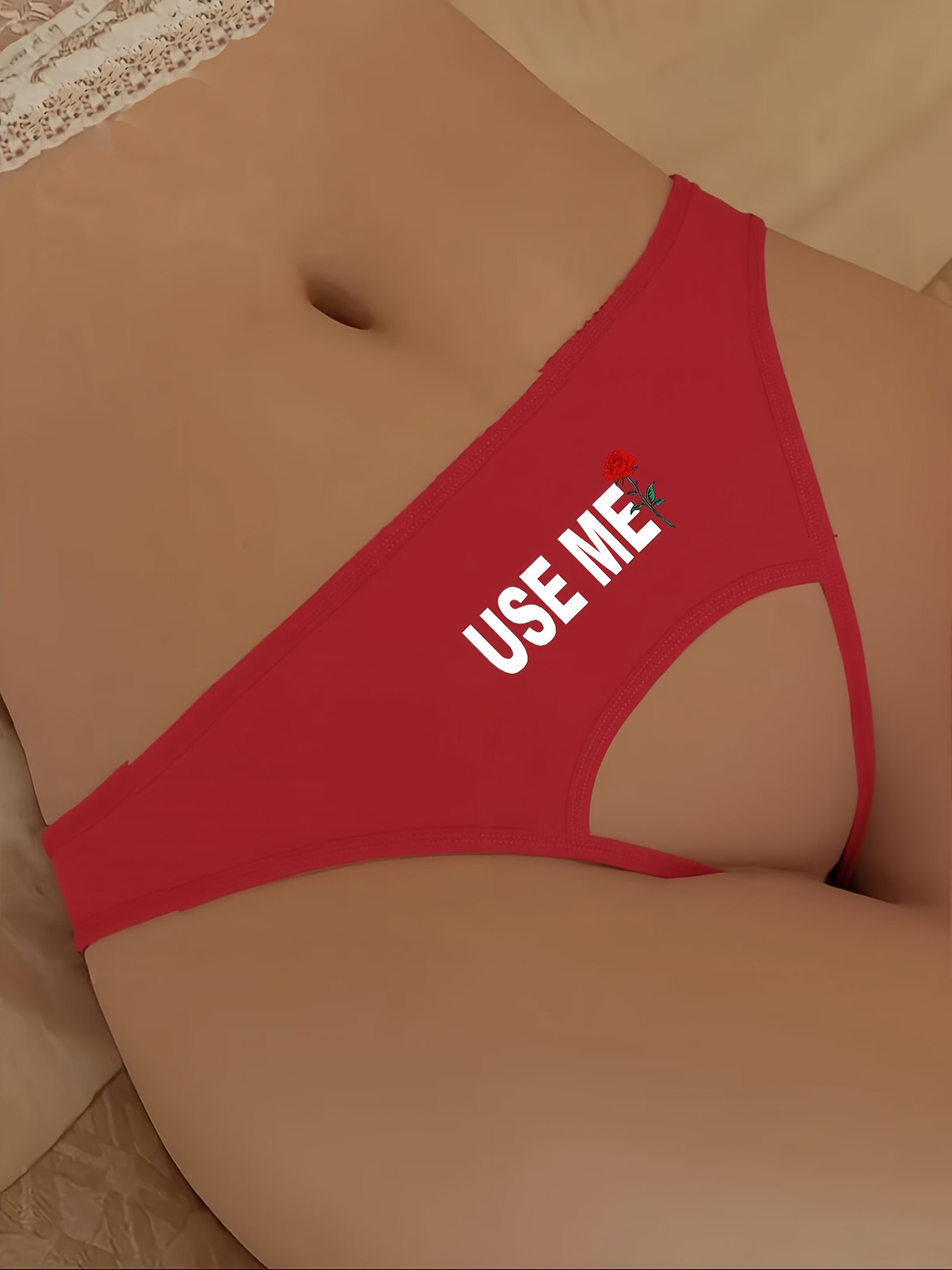 USE ME" White Letter Print Red Women's Sexy G-String with Open Crotch, Stretch…