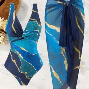 Marble Print Elegant 2 Piece Swimsuits, V Neck High Stretch One-piece Bathing-suit & Cover Up Sarong Skirt, Women's Swimwear & Clothing