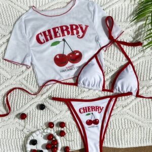 Women's Fashion Sexy Letter Print Three-Piece Swimsuit Set with Halter Top and High-Cut Bikini Bottoms Featuring Cherry Print - Beimu Nuan Targeted Plan