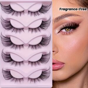 5 Pairs Luxurious Fox Eye Look False Eyelashes, 24mm Wispy Faux Mink, Fluffy Cat Eye Style with C-Curl, Fragrance-Free - Perfect for Dramatic Eye Enhancement