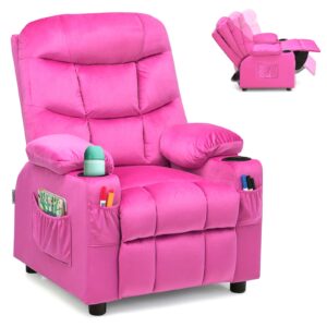Girls' Pink Velvet Recliner Chair with Cup Holder & Storage Pocket - Heavy-Duty 300lb Capacity, Ergonomic Backrest & Armrests, Manual Recliner with Safety Belt - Modern Soft Cushioned Lounge Chair for Kids & Teens, Easy Assembly, Ideal for Bedroom, Living Room, Home Theater - Durable Wood Frame & Fabric, Ideal Gift for Girls 3-12 Years (Pink, Purple, Black, White, Grey Available), Lounge Chair for Teens, Comfortable Sitting, Playroom Seating, Stylish Recliner, Highcapacity Recliner, '