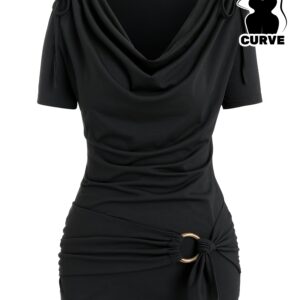 Plus Size, Plus Size Drape Zero Solid Color Drawstring T-Shirt