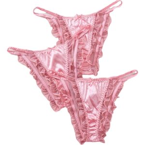 3pcs Sexy Pink Satin Thong Panties, Mesh Embellished Pleated Low-Rise V-Neck Underwear