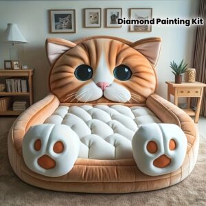 A 5D Diamond Painting Kit Featuring a Design of a "Kitten Bed" with Full Round Acrylic Diamonds, Numbered for Mosaic Art Crafting, Suitable for Unframed Wall Decoration in Living Rooms, Bedrooms, And Offices