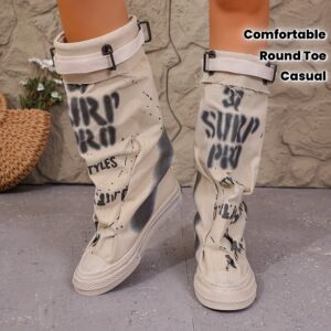 Women'S Camouflage Print Knee-High Boots - Round Toe, Wrinkle Design, Flat Heel, Casual and Party Shoes, Outdoor Holiday Dress Shoes, Pink and Camouflage Pattern, Wide Calf Fit, Comfortable Wear Boots