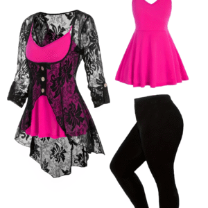 Plus Size - An Elegant Three-Piece Set for Women in Plus Sizes, Featuring a Lace Embroidered Overlay with Faux Buttons, a Solid Color Camisole, And Long Pants, Perfect for Spring.