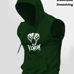Men's Black Sleeveless Hooded Tank Top with Venom Graphic Print & Snake Design - Breathable Knit Fabric, Kangaroo Pocket, Adjustable Drawstring Hood - Summer Gym & Casual Streetwear Shirt for Men