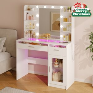 WHONLINE Vanity Desk with Mirror And Light, Makeup Vanity with Power Strip And 10 Lights, Makeup Table with 2 Drawers And 1 Storage Cabinet, Vanity Mirror 3 Lighting Color Adjustable, Heavy Duty Dresser, White, for Halloween And Christmas