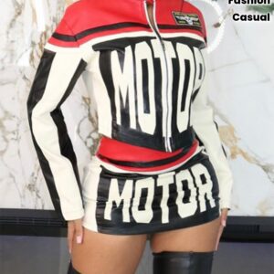 Casual fashion monogram pattern long-sleeved long and short skirt two-piece set