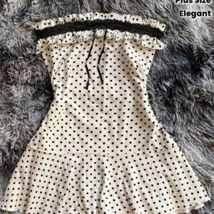 Plus Size - Elegant Polka Dot Print Bandeau Dress | Midi Length, Sleeveless, Slight Stretch Fabric, Ribbon Details, Summer Season