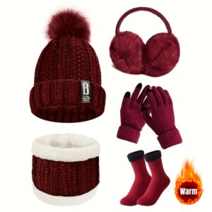 5pcs/Set Winter Outdoor Sports Equipment: Thick Warm Knit Hat, Neck, Touch Screen Gloves, Plush Ear Muffs and Snow Socks, Suitable for Outdoor Skiing, Cycling and Hiking